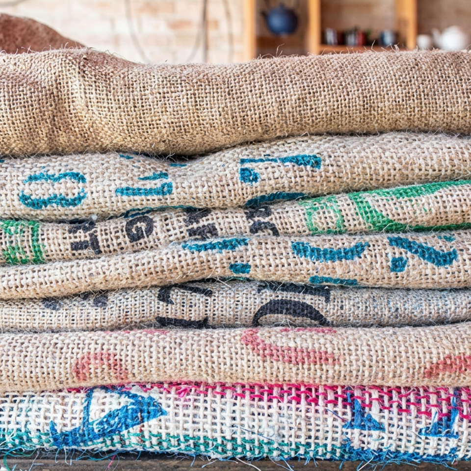 Stack of burlap coffee sacks with colorful printed markings in a rustic café setting.