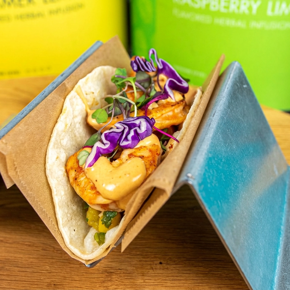 Gourmet taco with grilled filling, creamy sauce, purple cabbage, and microgreens served in a paper holder on a wooden table.