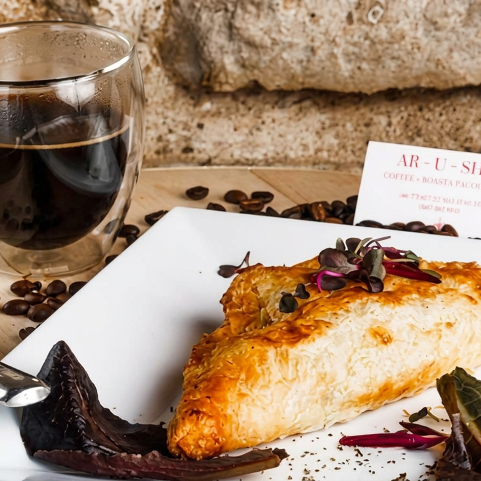 Golden baked pastry garnished with microgreens and flowers, served beside black coffee on a rustic wooden table.