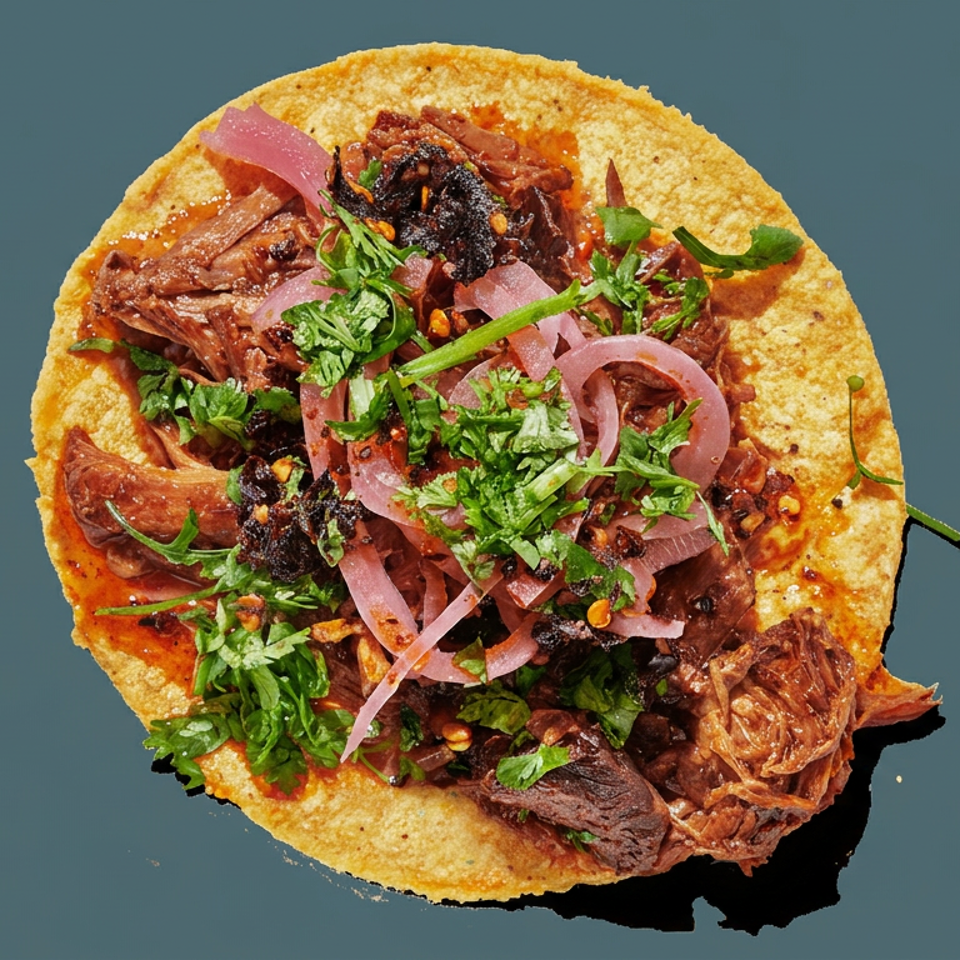 Overhead view of a crispy tortilla topped with shredded beef, black beans, pickled onions, cilantro, and red chili sauce.