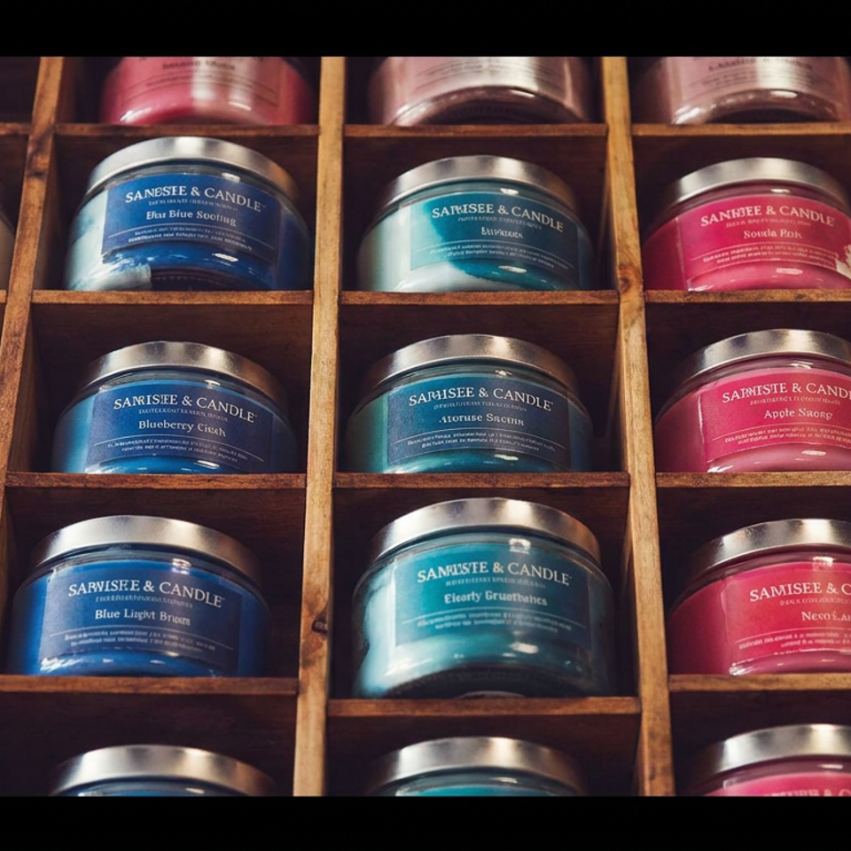 Colorful Samisee & Candle scented candle tins arranged in wooden cubby shelves.