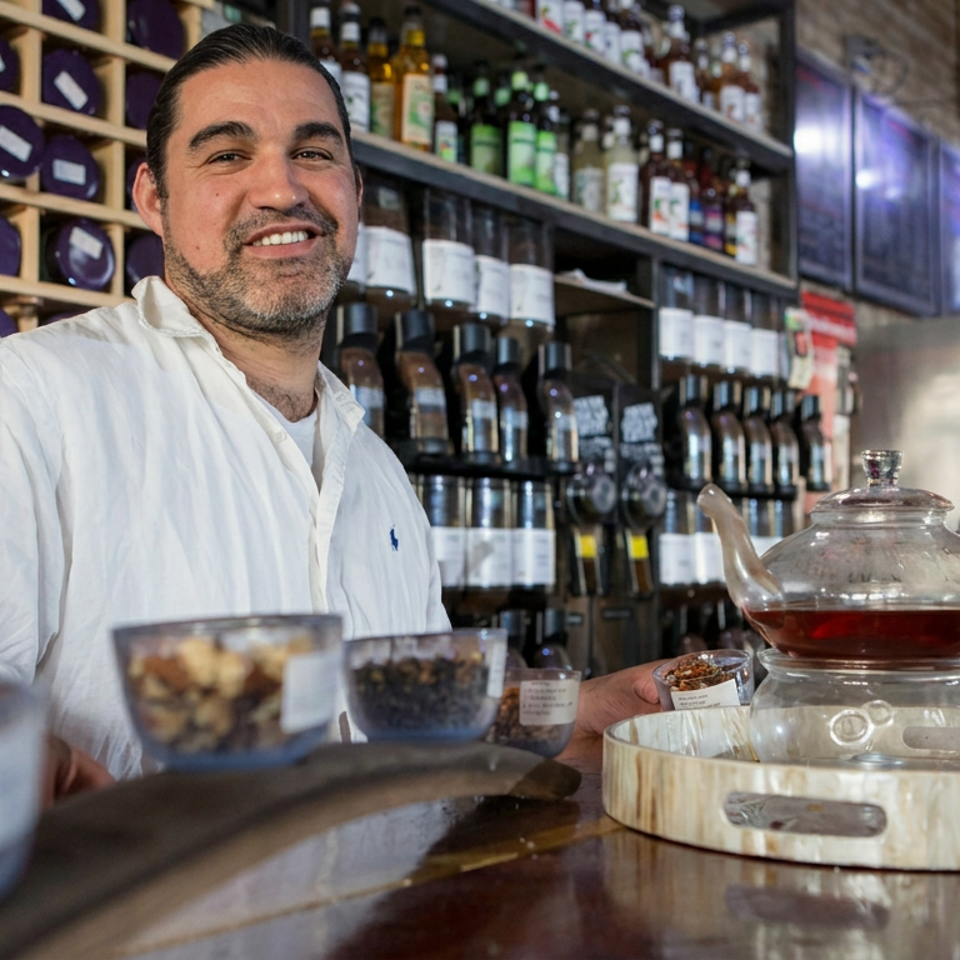 Smiling man in a tea shop behind a counter with glass teapot, tea samples, jars, and shelves of tea products.