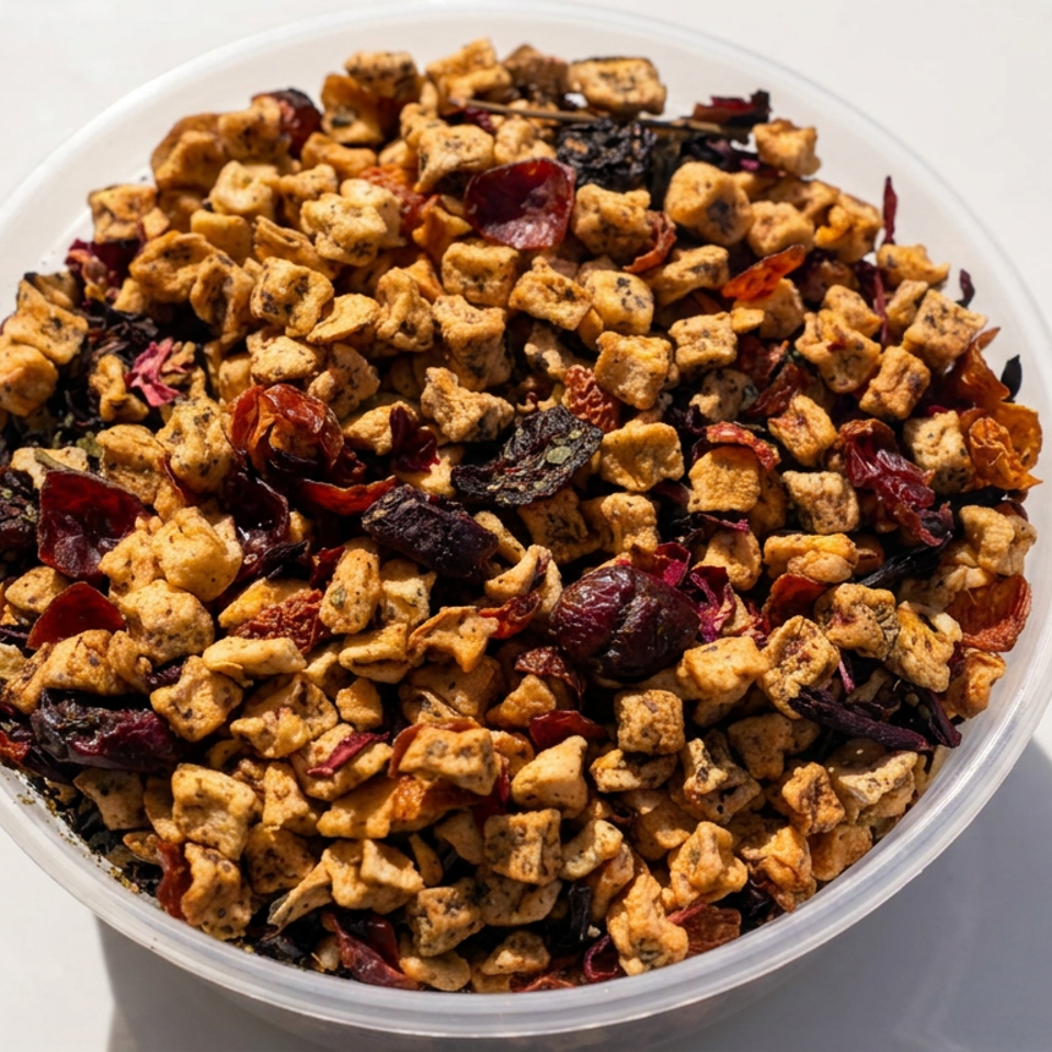 Bowl filled with golden crispy bite-sized snacks, dried red chilies, and dark spices on a white surface.