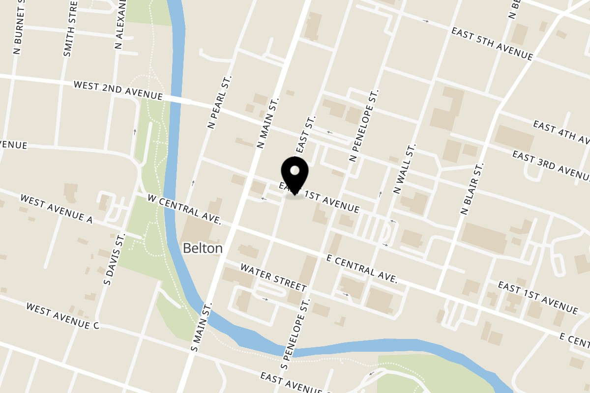 Map showing the location of Arusha Coffee & Tacos on 126 N East St in Belton